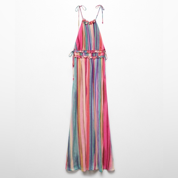 🌈 Mango Striped Long Maxi Dress Halter Tie Straps Multicolor Boho Summer Party - Picture 1 of 11